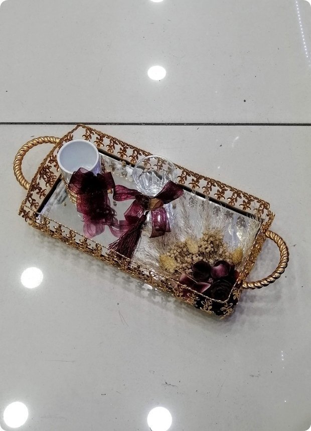 Süslü Papatya Aynalı Damat Kahvesi Tepsisi Yüzük tepsisi / Damat