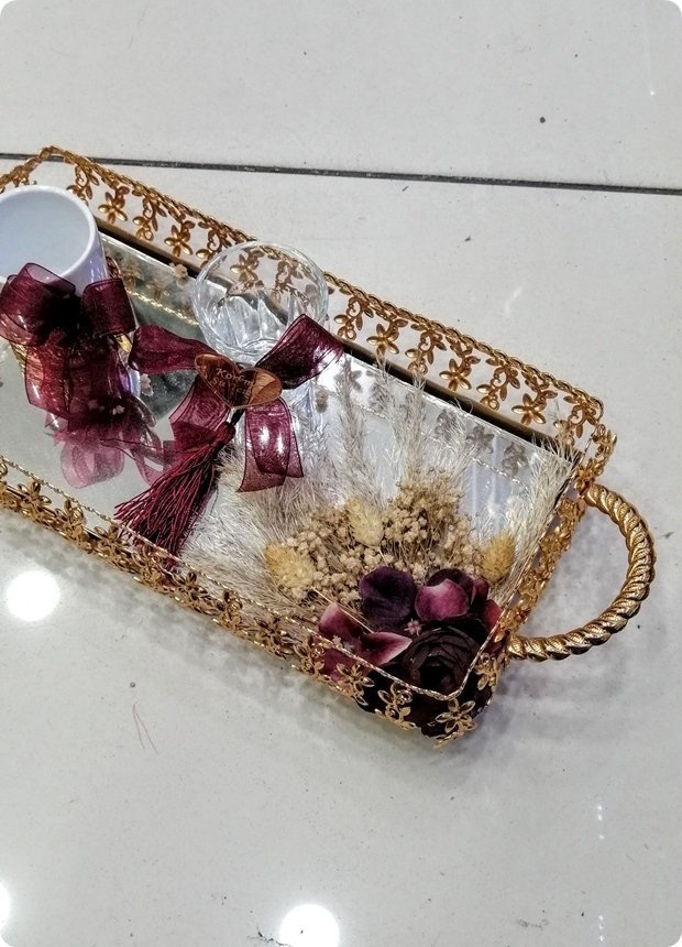 Süslü Papatya Aynalı Damat Kahvesi Tepsisi Yüzük tepsisi / Damat
