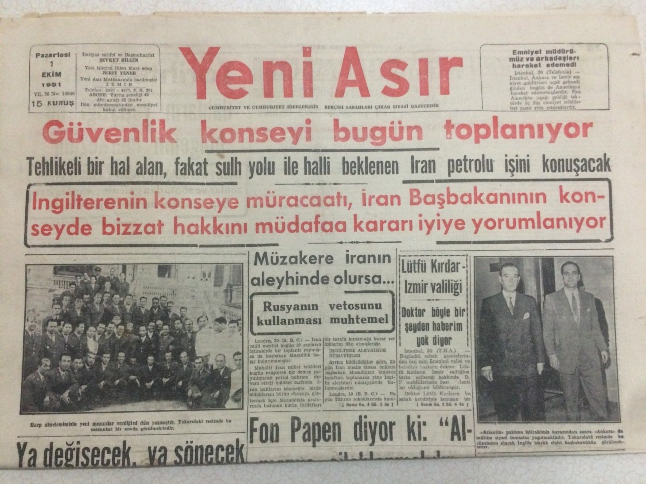 Yeni Asir Gazetesi 1 Ekim 1951 Guvenlik Konseyi Toplaniyor Gz52371 Yeni Asir