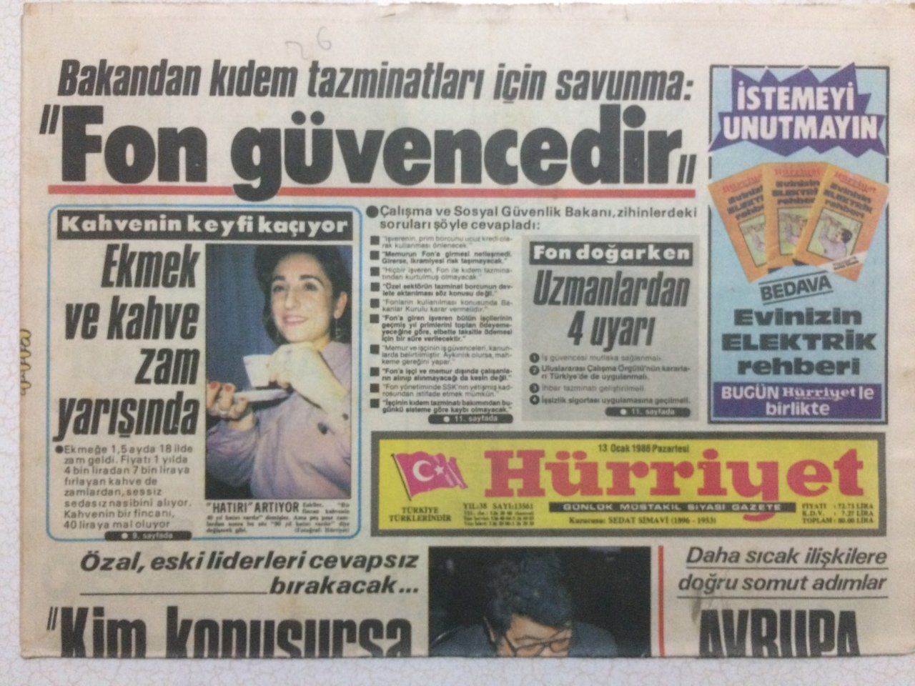 Hürriyet Gazetesi 13 Ocak 1986 Ekmek Ve Kahve Zam Yarışında GZ35695