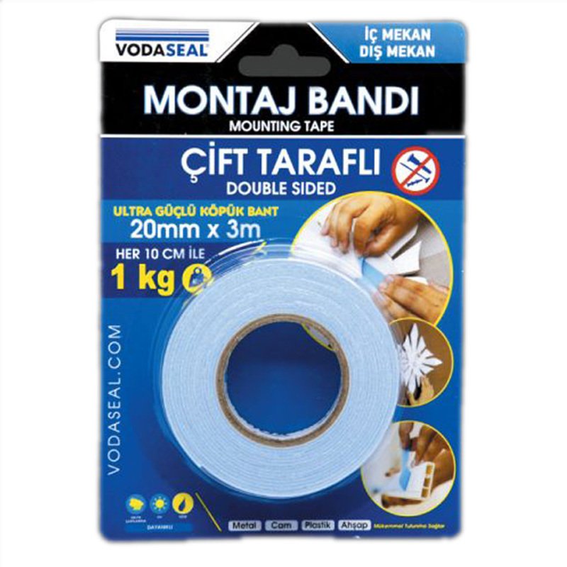Çift Taraflı Metal Cam Plastik Ahşap Köpük Montaj Bandı 20mm x 3m