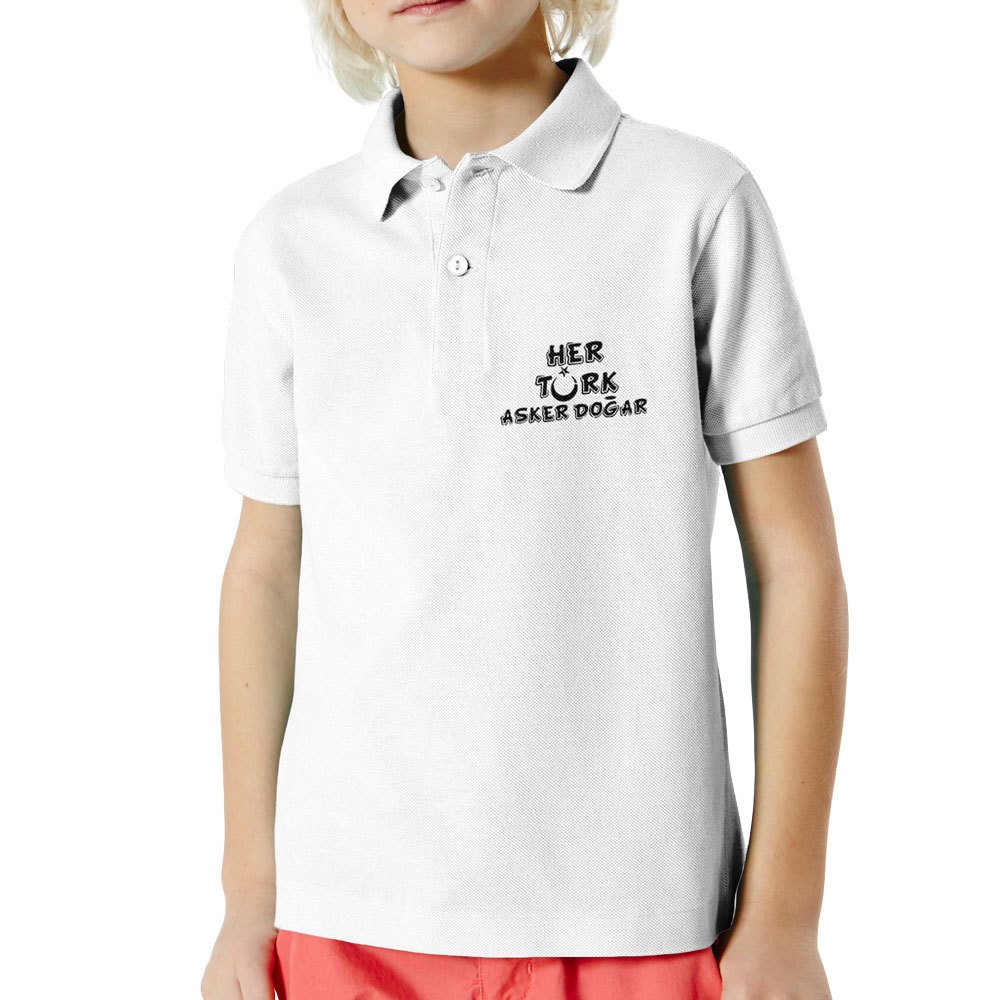 Her Turk Asker Dogar Polo Yaka Kisa Kol Cocuk Tisort Beyaz 11 12 Yas