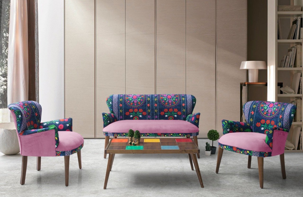 Etnik Desen Mor Çay Seti (Balkon, Salon, Ofis, Cafe) 2+1+1