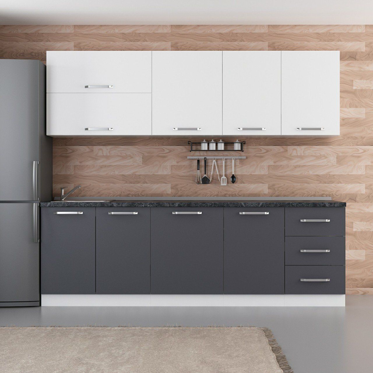 Minar 250 Cm White Kitchen Cabinet Anthracite 250 A1