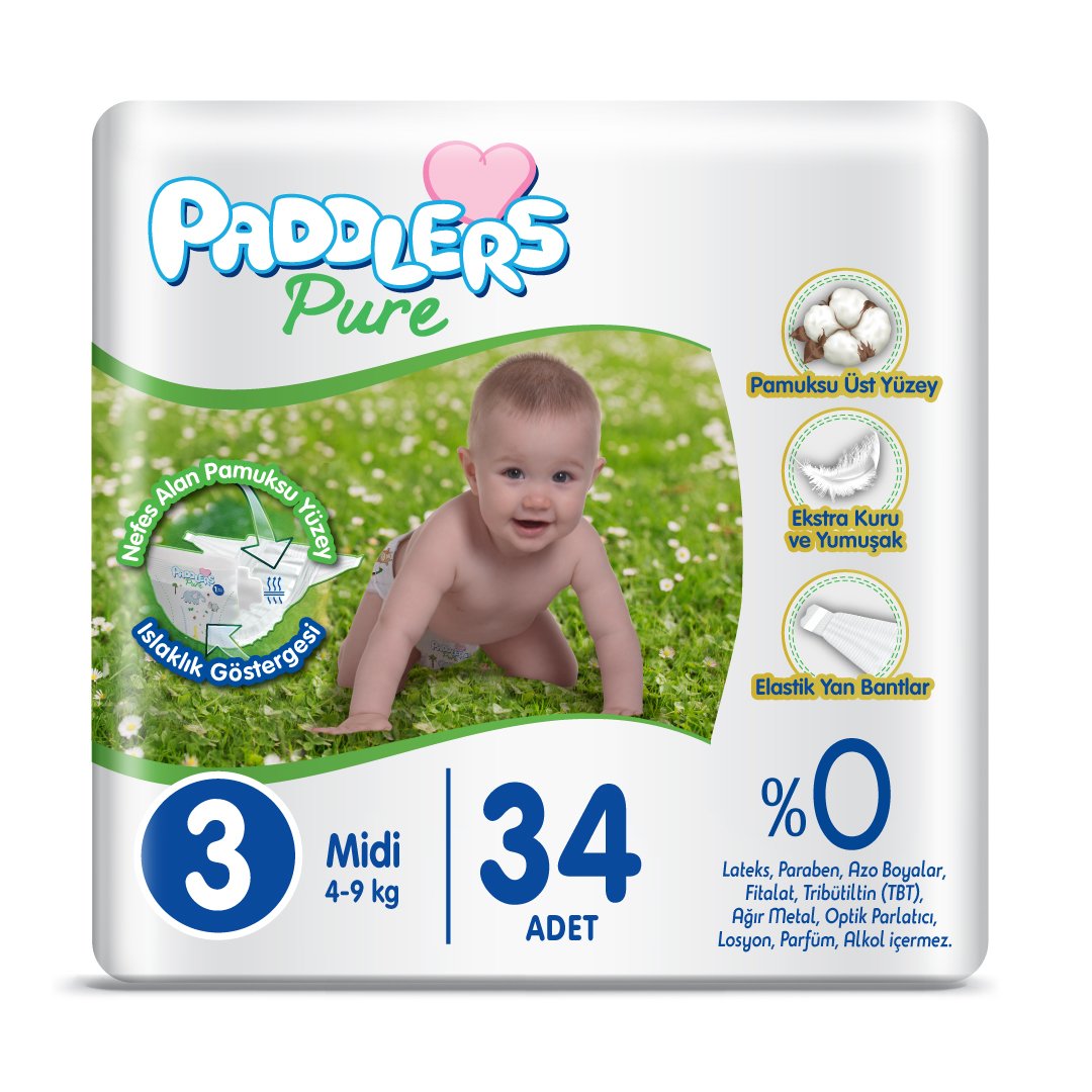 PADDLERS Paddlers Pure Bebek Bezi 3 Numara Midi 34 Adet (49 Kg) Eko