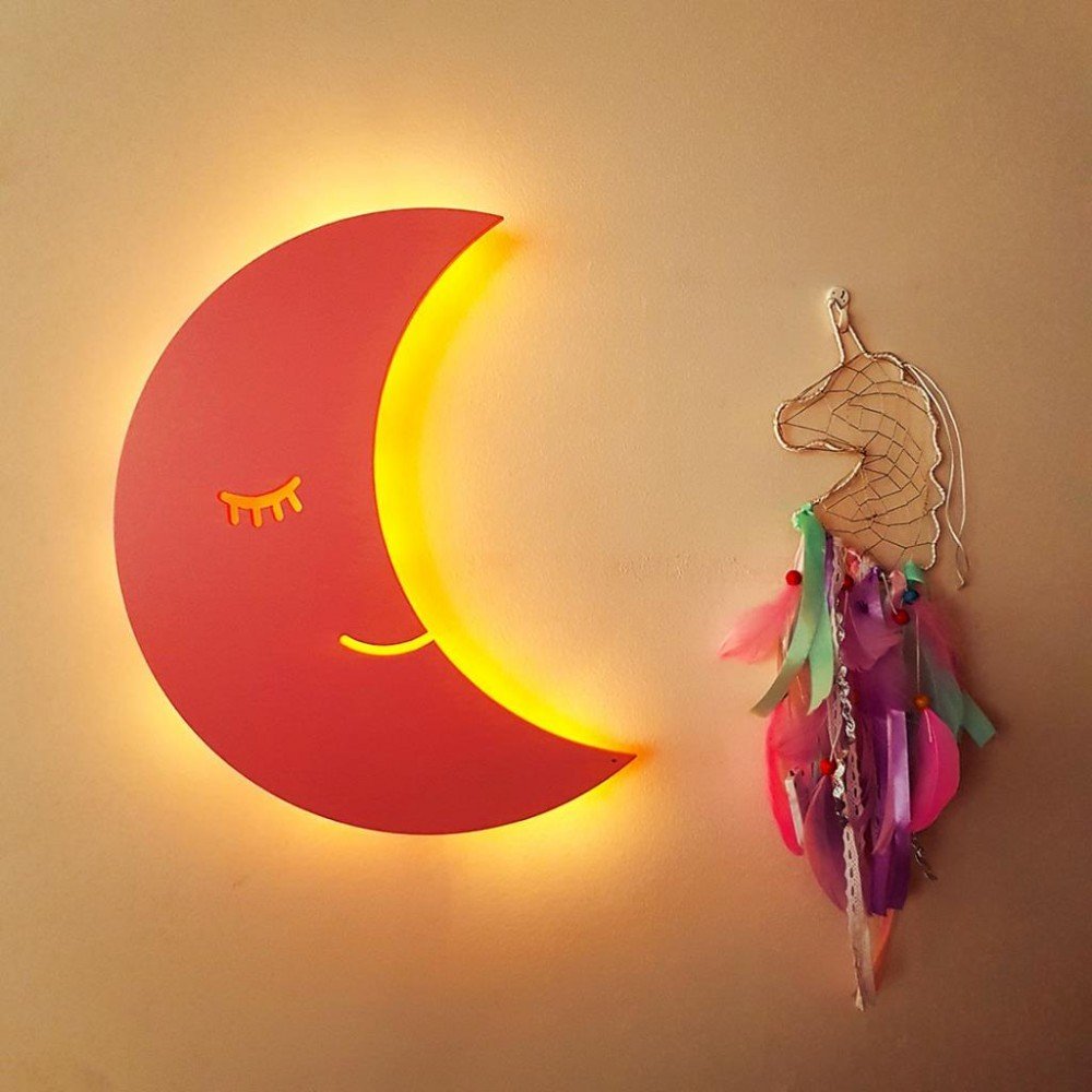Led Işıklı Ahşap Pembe Ay Duvar Lambası Pano Bakmakistersen Dekorasyon