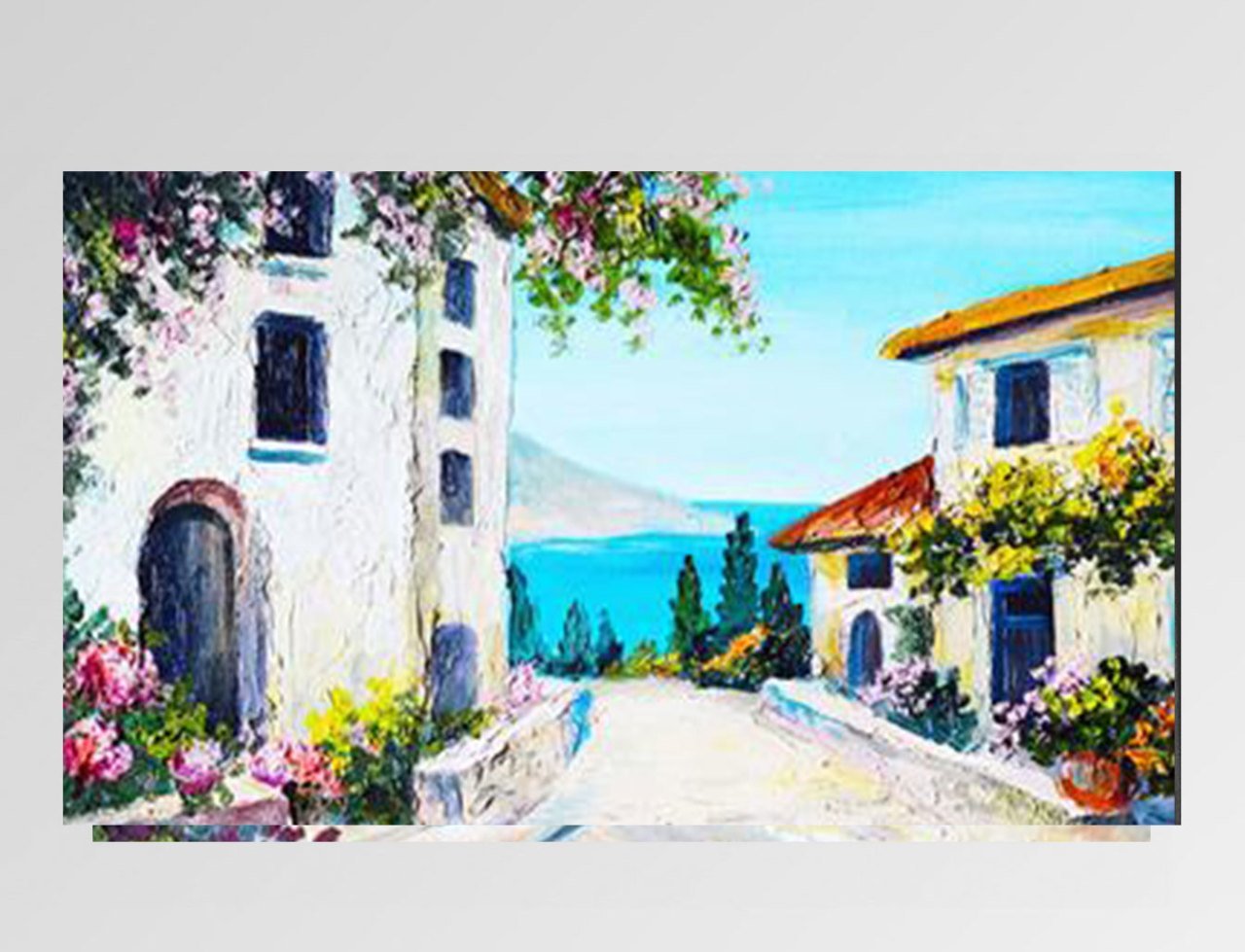 Cicekli Evler Deniz Manzarasi Tablosu Cercevesiz 40x60 Cerceveli Tablo