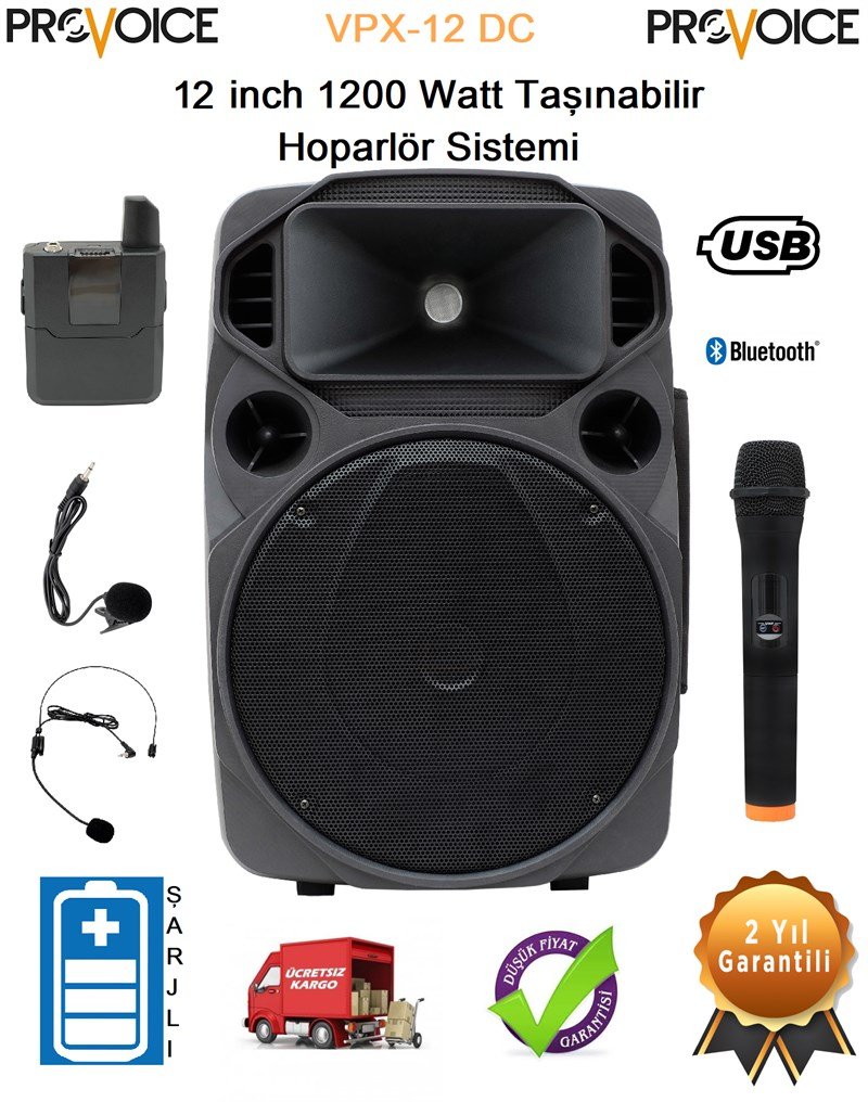 Provoice VPX-12DC 12'' 1200 Watt Taşınabilir Hoparlör Sistemi Provoice VPX-12DC 12'' 1200 Watt Taşınabilir Hoparlör Sistemi