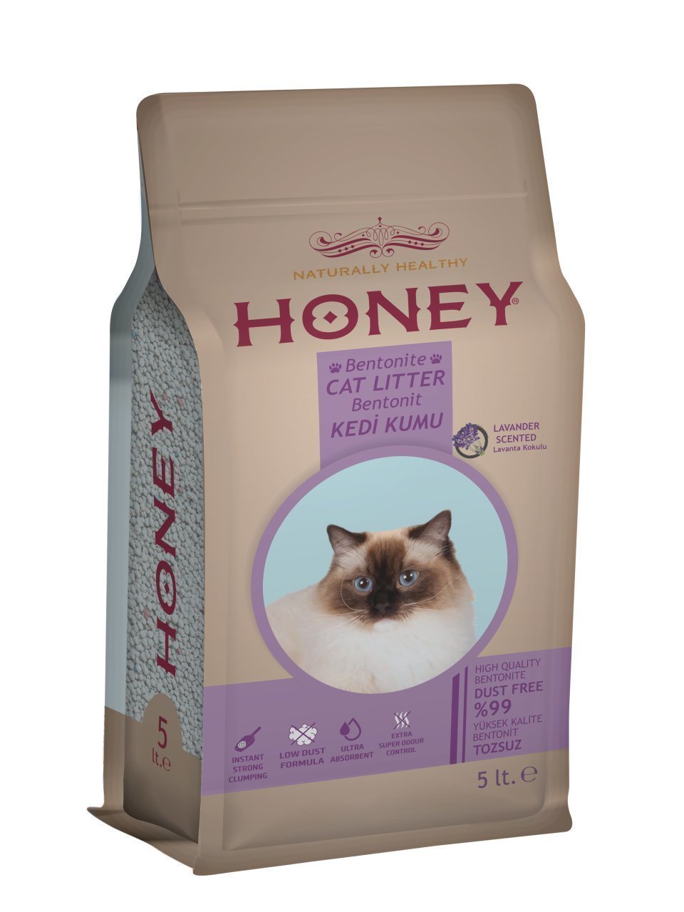 Honey Lavanta Kokulu Topaklaşan Doğal Bentonit Kedi Kumu 5 Lt Doğal