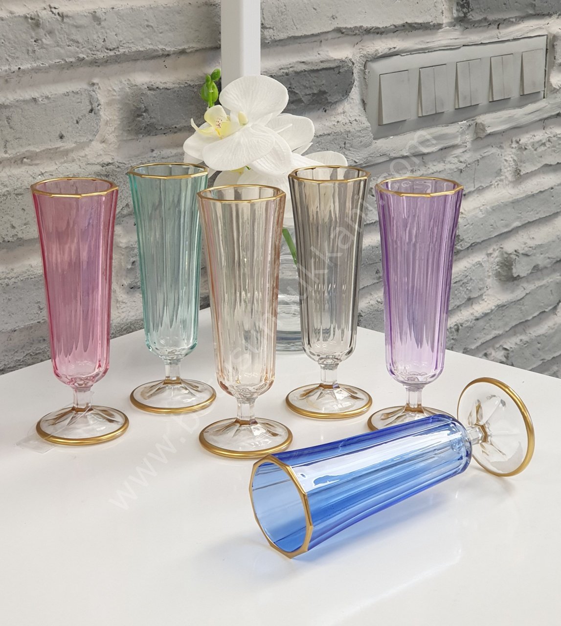 6�lı Renkli Kahve Yanı Kadehi Diamond Lüsterli