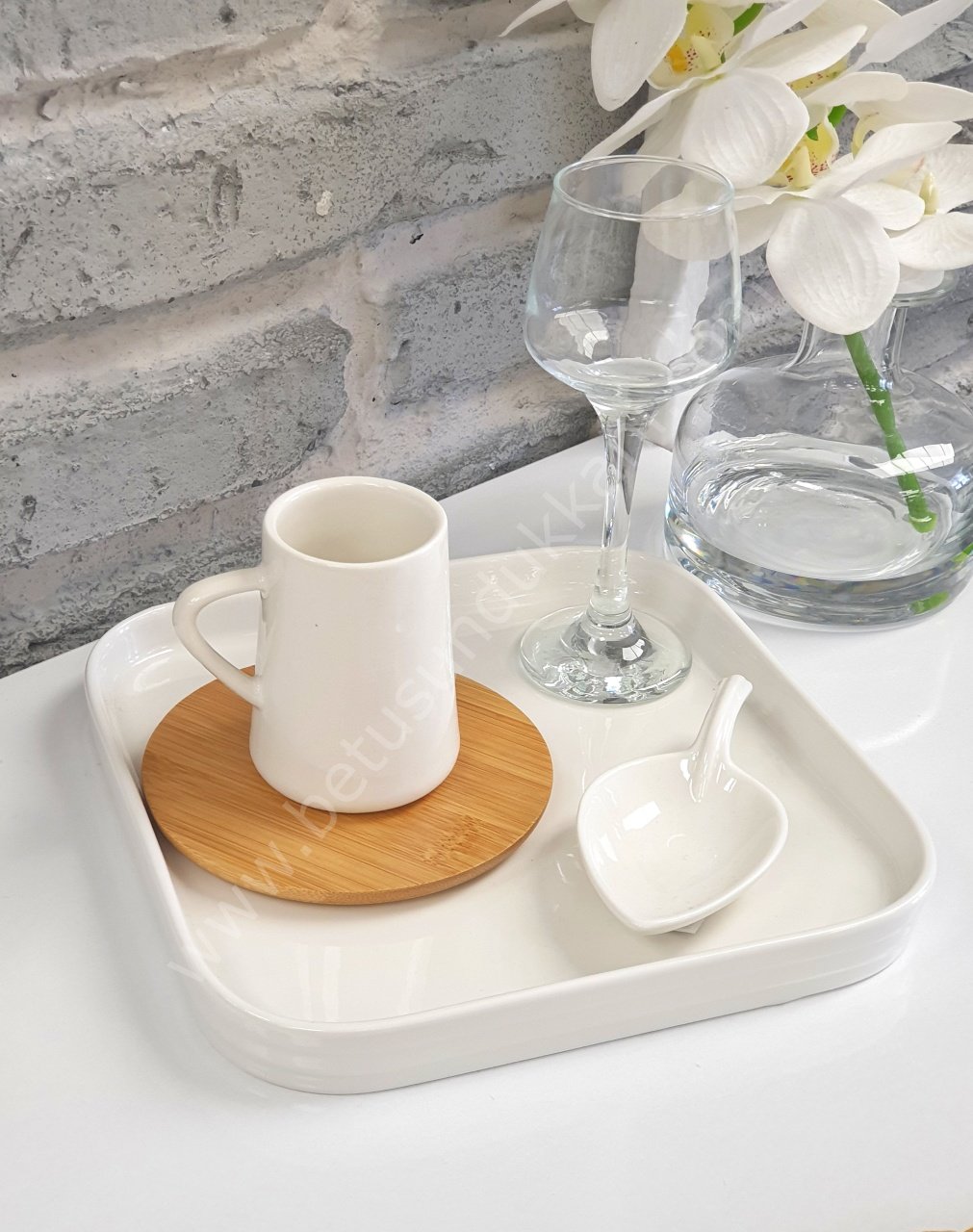 Bambu Tabaklı 6 Kişilik Porselen Kahve Fincanı