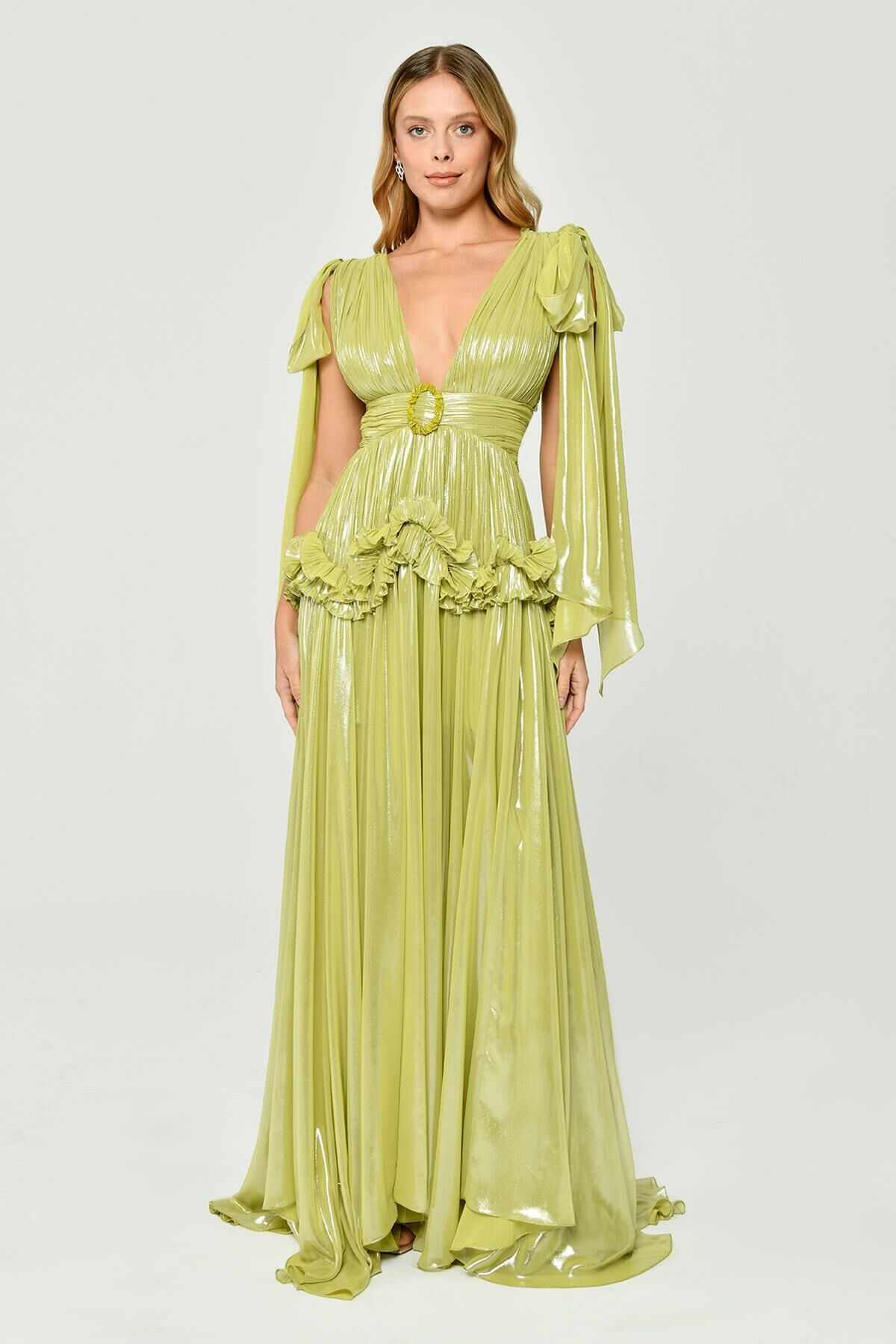 Deep V-Neck Ruffle Waist Shiny Chiffon Long Dress