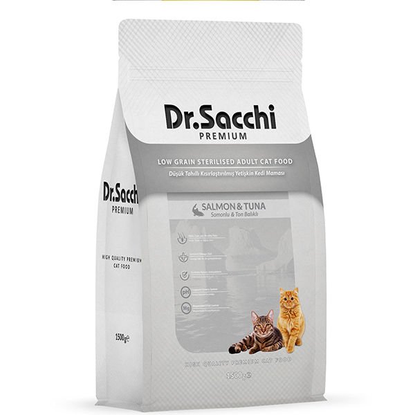 Dr.Sacchi Premium Düşük Tahıllı Somonlu ve Ton Balıklı Kısırlaştırılmış Kedi Maması 1.5 Kg