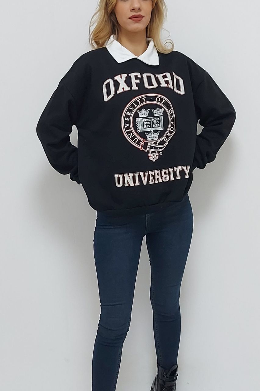 Oxford Baskılı Yakalı İçi Pamuk Sweatshirt Siyah