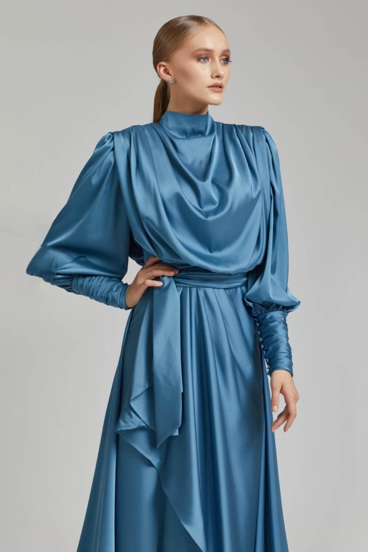 Silky Satin Front And Back Bolero Hijab Evening Dress|nisaca Indigo