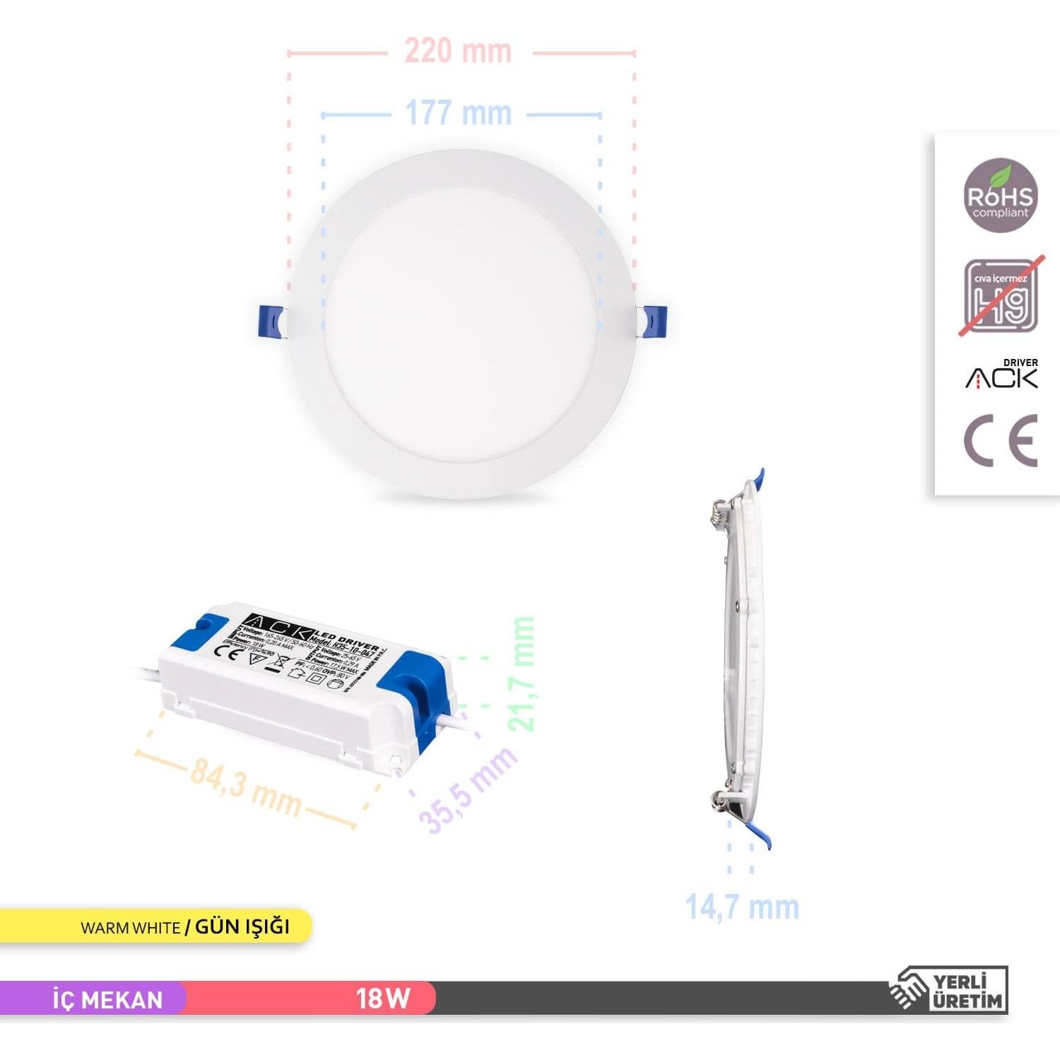 Ack 18W Sıva Altı Led Panel Armatür - 3000K Gün Işığı