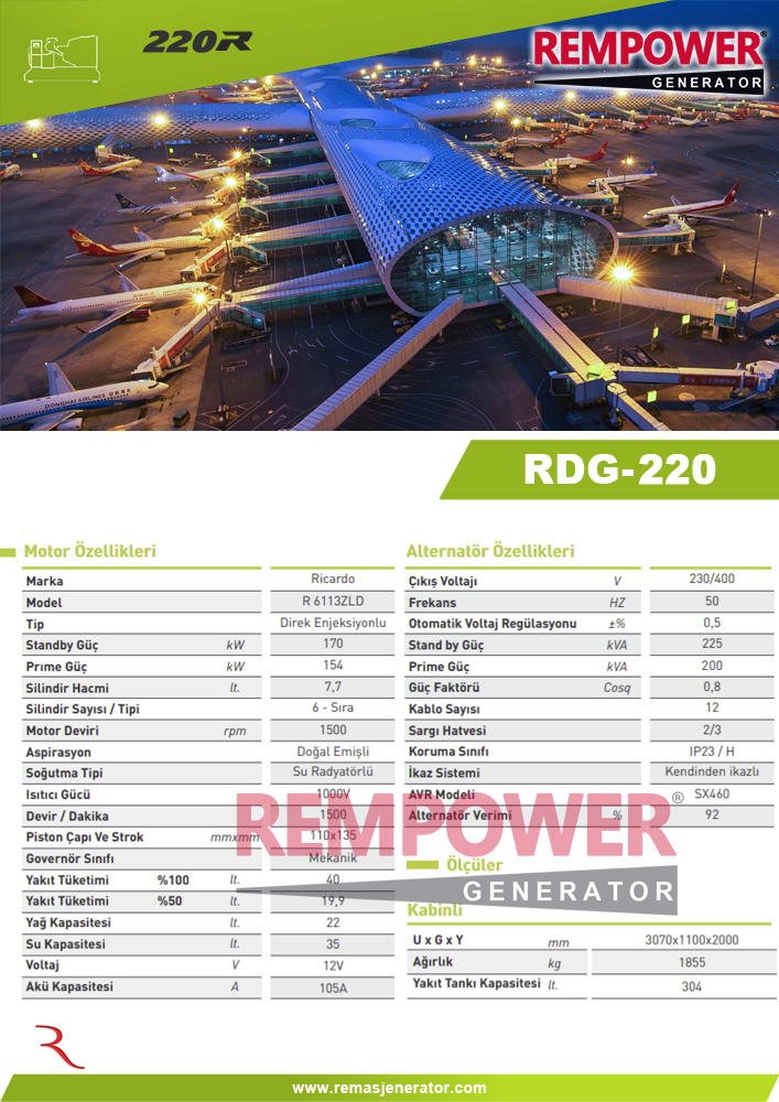 REMPOWER RDG 220 KVA OTOMATİK KABİNLİ DİZEL JENERATÖR