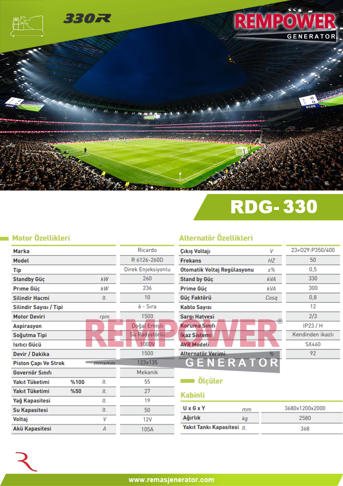 REMPOWER RDG 330 KVA OTOMATİK KABİNLİ DİZEL JENERATÖR