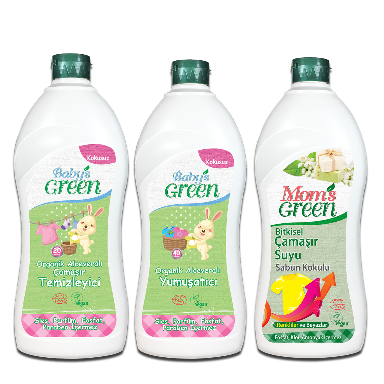 3 lu set organik aloe verali bebek camasir temizleyici ve yumusaticisi 1lt eco ve sabun kokulu