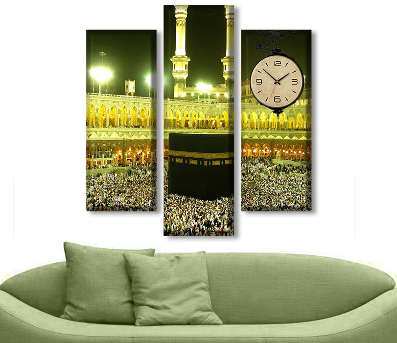 3 parcali saatli kanvas tablo mekke kabe tablosu
