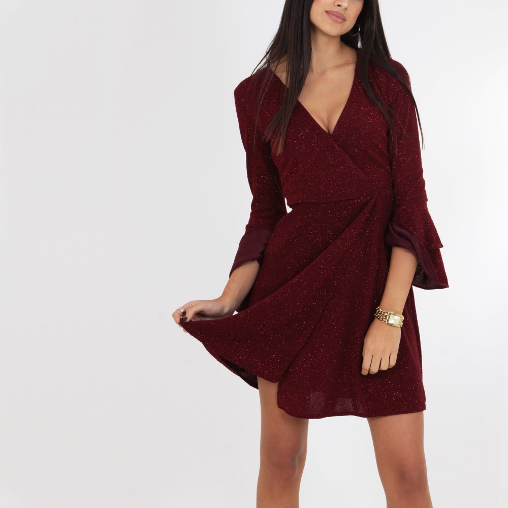 simli bordo mini elbise