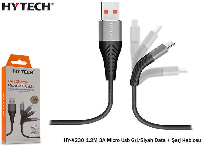 Hytech HY-X230 1.2mt 3A Micro Usb Gri-Siyah Data Åarj Kablosu