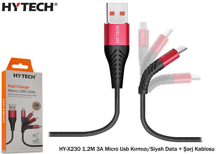 Hytech HY-X230 1.2mt 3A Micro Usb KÄ±rmÄ±zÄ±-Siyah Data Åarj Kablosu