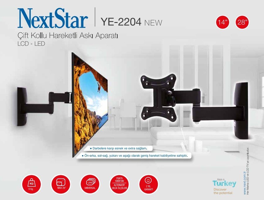 NextStar YE-2204 14-28'' Hareketli Çift Kollu LCD-LED TV Monitör Askı Aparatı