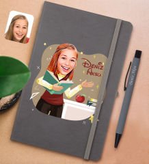 BK Gift Kişiye Özel Öğretmen Karikatürlü Gri Termo Deri Defter ve Metal Versatil Kalem(0,7 Kurşun) Hediye Seti-3