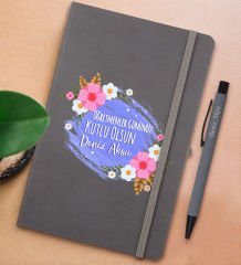 BK Gift Kişiye Özel Öğretmenler Günü Tasarımlı Gri Termo Deri Defter ve Metal Versatil Kalem(0,7 Kurşun) Hediye Seti-4