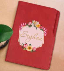 BK Gift Kişiye Özel Çiçek Tasarımlı Kırmızı Termo Deri Not Defteri 15x21cm-9