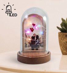 Kişiye Özel Ahşap Tabanlı Led Işıklı Cam Fanus Fotoğraf Çerçevesi
