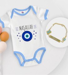 BK Kids Kişiye Özel Maşallah Tasarımlı Mavi Bebek Body Zıbın ve Erkek Bebek Künyesi Hediye Seti-1