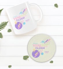 BK Gift Kişiye Özel Yeni İşinde Başarılar Dilerim Beyaz Kupa Bardak ve Yuvarlak Ahşap Bardak Altlığı Hediye Seti -2