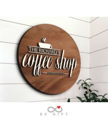 BK Gift Kişiye Özel Dekoratif Yuvarlak Ahşap Coffee Shop Tabelası 43cm - Model 1