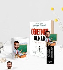 Kişiye Özel Erkek Öğretmen Karikatürlü Beyaz Kupa Ahşap Kitap Ayracı ve Öğretmen Olmak Kitabı Hediye Seti