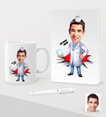 Kişiye Özel Bay Diş Hekimi Karikatürlü Beyaz Defter Kalem Kupa Seti - 3