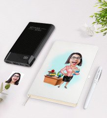 Kişiye Özel Bayan Öğretmen Karikatürlü Beyaz Defter Kalem 10.000 Mah Powerbank Hediye Seti-5