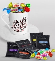 Kişiye Özel Reiki Uzmanı Türk Kahvesi Fincanı Selamlique Karışık Türk Kahvesi ve Haribo Şeker Hediye Seti-2
