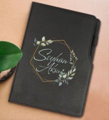 BK Gift Kişiye Özel Çiçek Tasarımlı Siyah Termo Deri Not Defteri 15x21cm-11