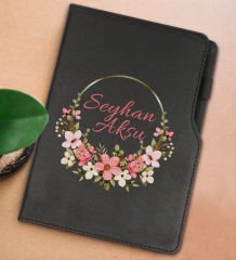 BK Gift Kişiye Özel Çiçek Tasarımlı Siyah Termo Deri Not Defteri 15x21cm-23