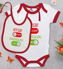BK Kids Uyku Off Tasarımlı Kırmızı Bebek Body Zıbın ve Mama Önlüğü Hediye Seti-1