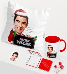 Kişiye Özel Yılbaşı Temalı Bay Karikatürlü Kırmızı Kupa Ayna Yastık Seti - 2