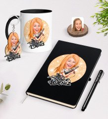 Kişiye Özel Kadın Kuaför Karikatürlü Siyah Defter Kalem Kupa ve Anahtarlık Hediye Seti-2