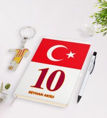 Kişiye Özel Sarı-Kırmızı Tasarımlı İsimli Defter kalem ve Formalı Metal Anahtarlık Model 2
