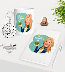 Kişiye Özel Bayan Sınıf Öğretmeni Karikatürlü Kupa Anahtarlık Beyaz Defter Kalem Hediye Seti-1