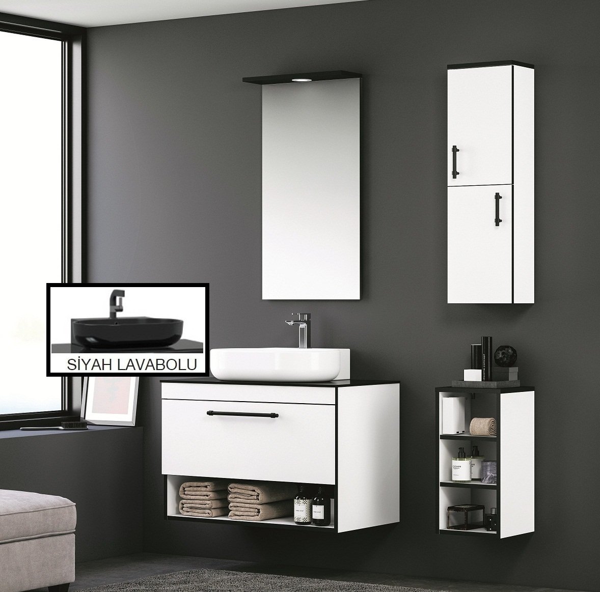 Orka Knidos 70 30 Banyo Dolabi Beyaz Siyah Lavabolu Alt Yan