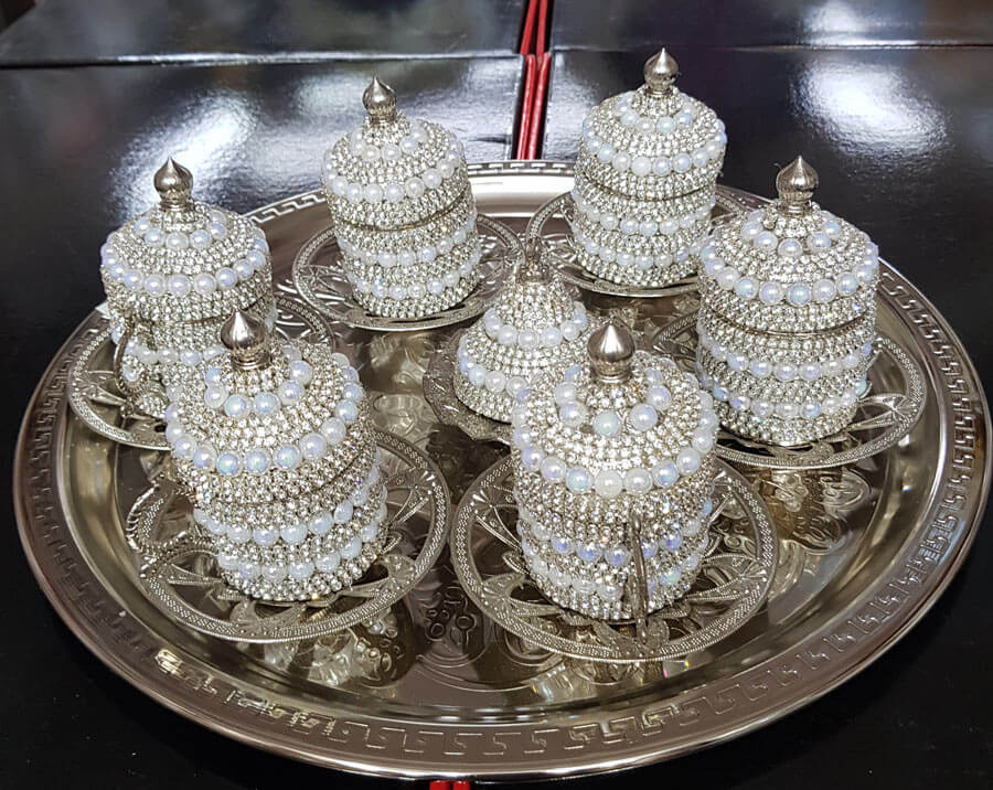 8�Li Silver Beyaz Kristal Taşlı Lokumluk Kahve Fincanı Set