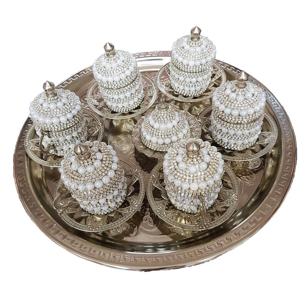 8�Li Silver Beyaz Kristal Taşlı Lokumluk Kahve Fincanı Set