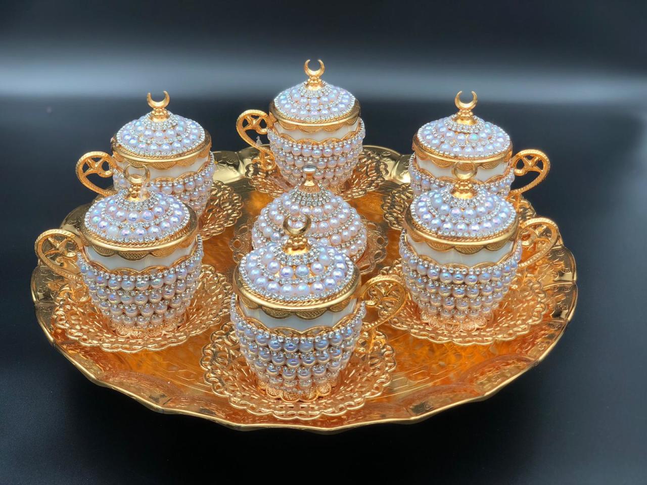 Gold İncili Kahve Fincanı Lokumluk Seti 8 Parça